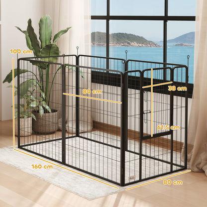 PawHut black dog playpen with door and measurements showing 100 cm height