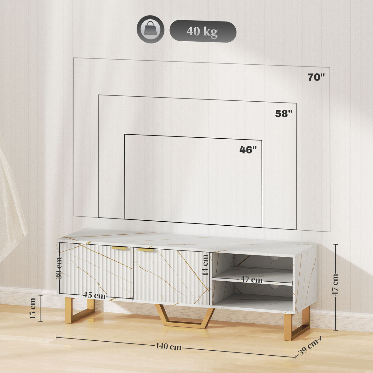 White marble-effect TV stand with two cupboards, open shelves and gold legs, shown with dimensions