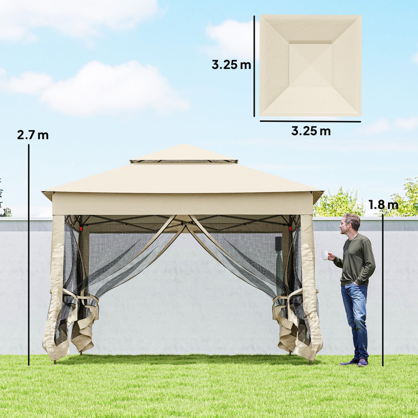 Outsunny 3 x 3(m) Pop Up Gazebo, Double-roof Garden Tent with Netting and Carry Bag, Party Event Shelter for Outdoor Patio, Cream White