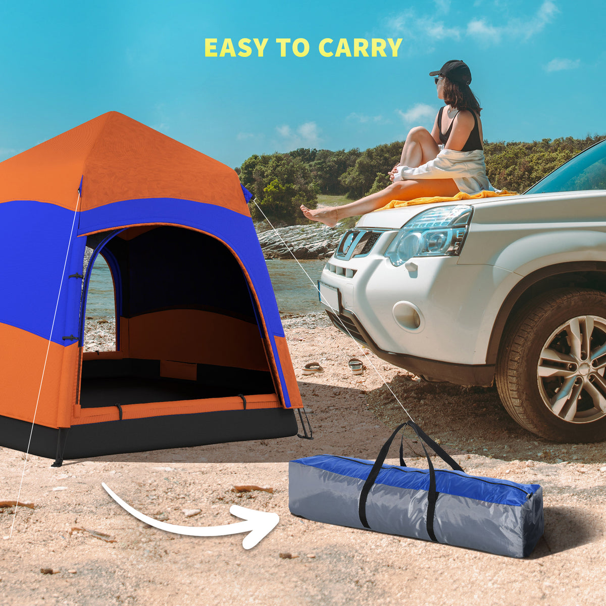 Outsunny 3 Man Instant Pop Up Tent with Rainfly, Portable Camping Shelter with Sewn-in Groundsheet, Carry Bag, Orange