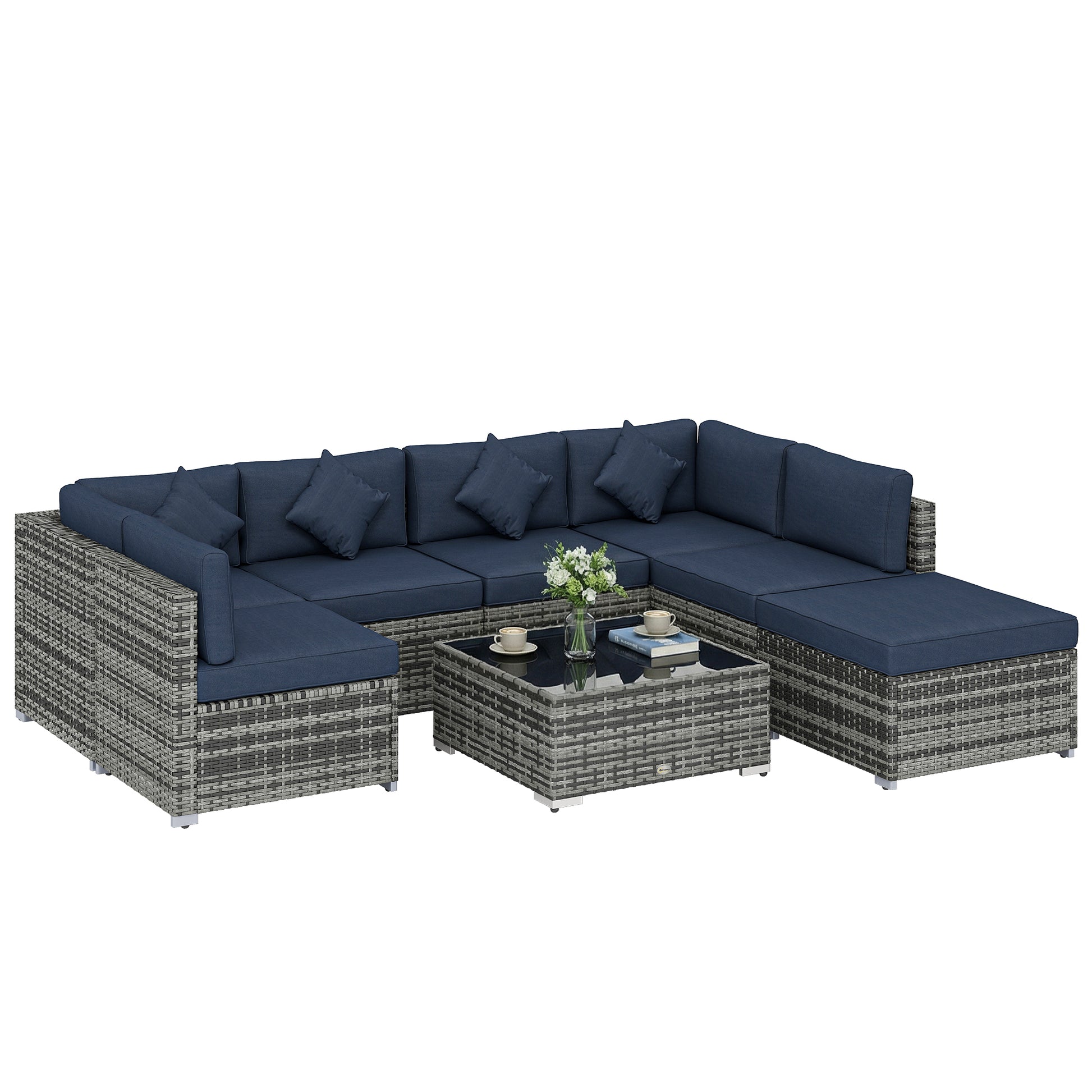 Photo of Outsunny 8 Pieces PE Rattan Corner Sofa Set, Outdoor Garden Furniture Set, Patio Wicker Sofa Seater with Cushion, Dark Blue in Blue colour on a white background