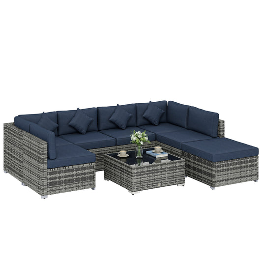 Photo of Outsunny 8 Pieces PE Rattan Corner Sofa Set, Outdoor Garden Furniture Set, Patio Wicker Sofa Seater with Cushion, Dark Blue in Blue colour on a white background