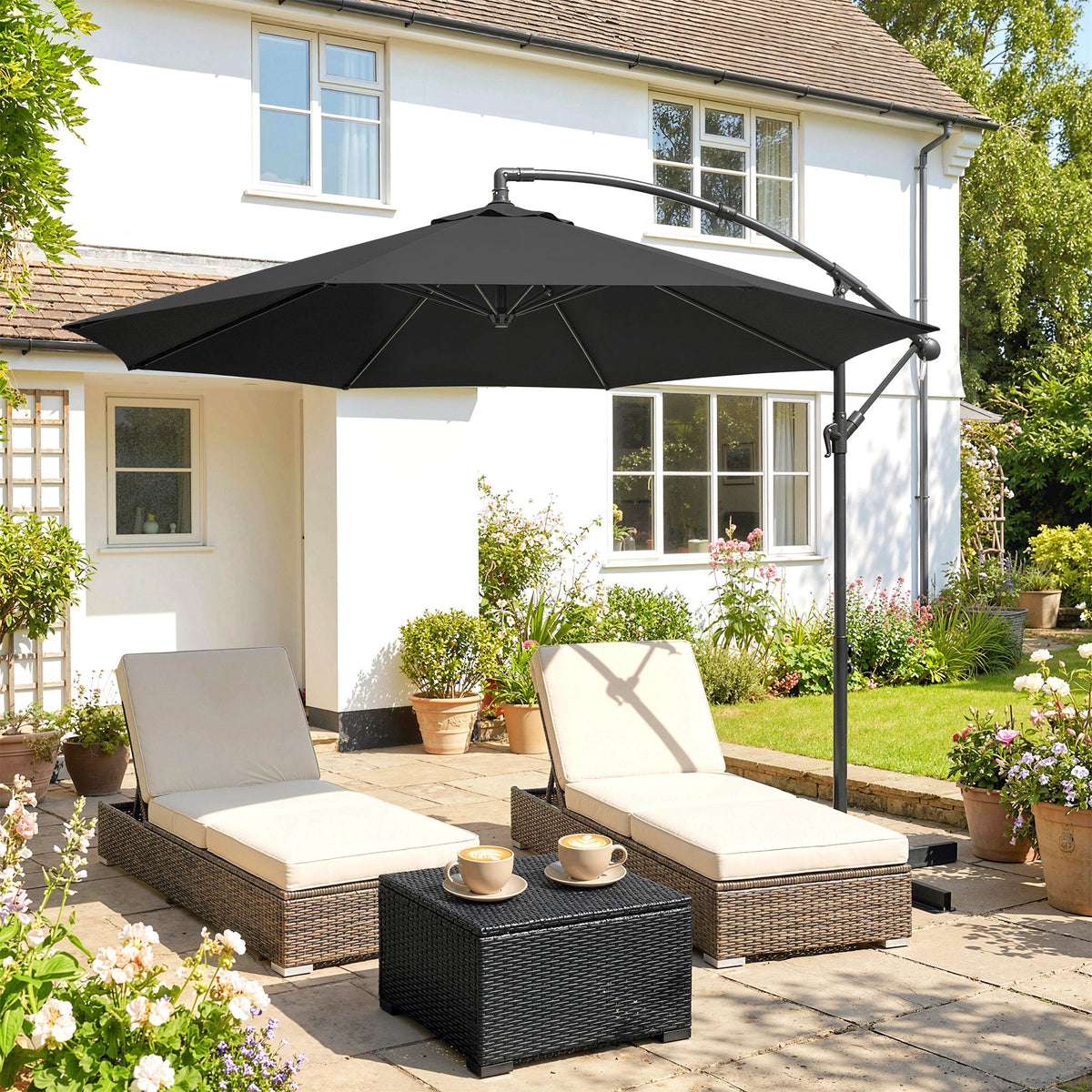 Outsunny 3m Overhanging Cantilever Parasol, with Cross Base - Black