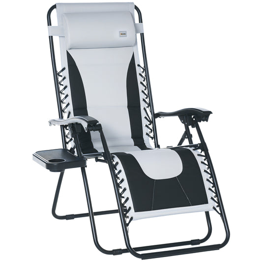 Photo of Outsunny Zero Gravity Lounger Chair, Folding Reclining Patio Chair with Padded Seat, Cup Holder, Soft Cushion and Headrest for Poolside, Camping, Light Grey in Grey colour on a white background