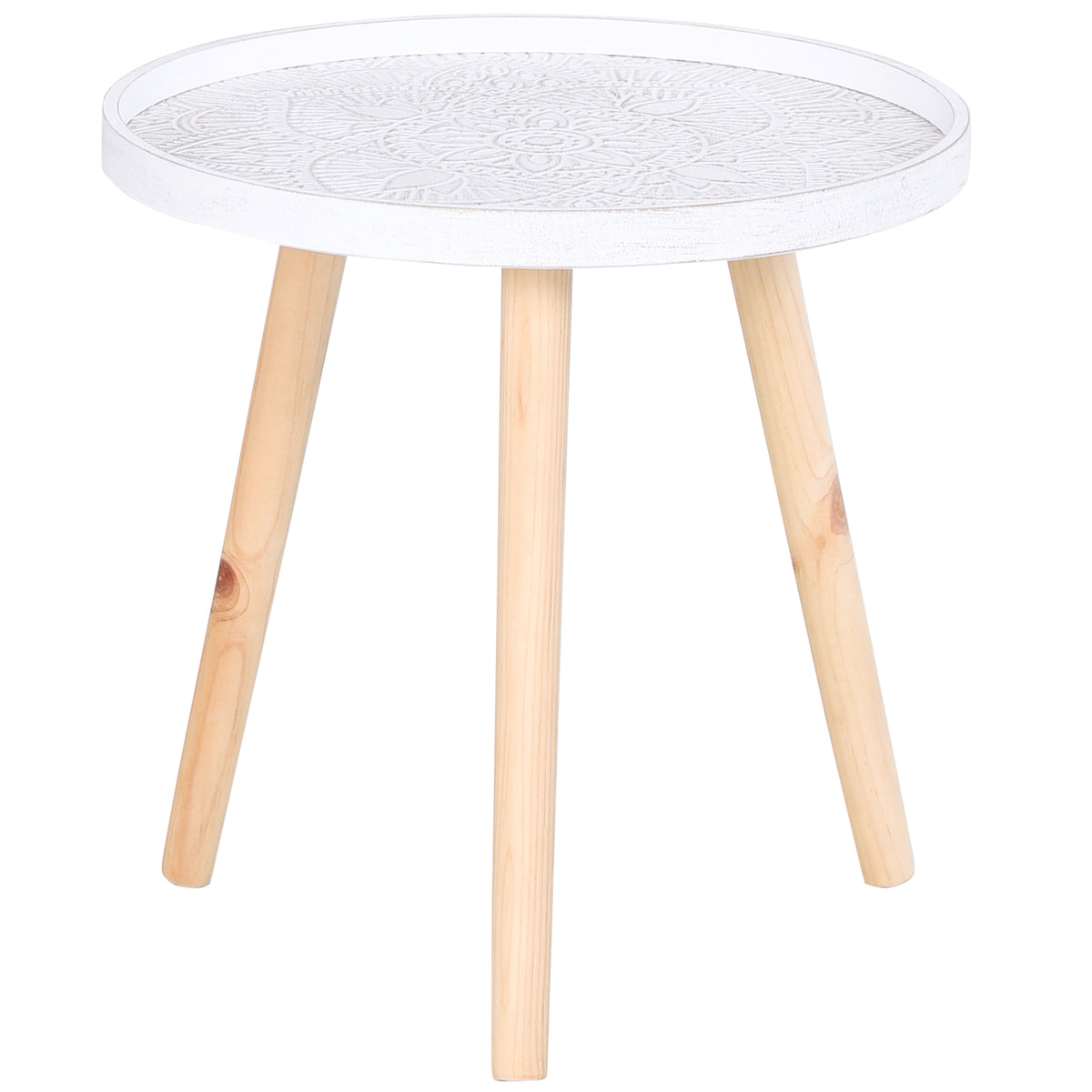 Round white coffee table with raised floral-patterned top and three wood legs