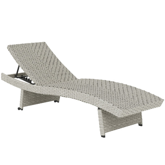Photo of Outsunny Outdoor PE Rattan Sun Lounger, Folding Wicker Garden Lounger Recliner with 4-Level Adjustable Backrest, Rolling Sunbed Lounge Chair with Wheels, Non-Slip Legs for Balcony, Beach, Grey in Grey colour on a white background