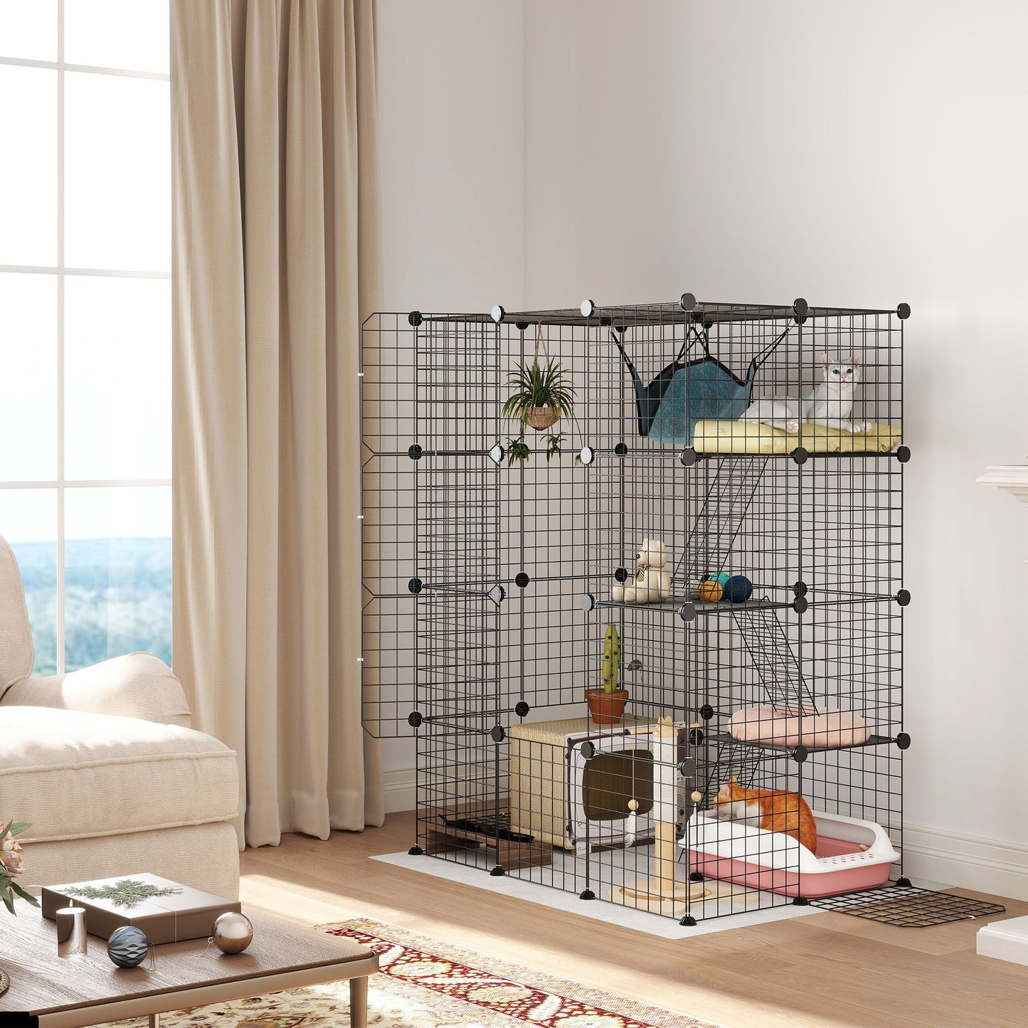 Photo of PawHut Four-Tier DIY Large Cat Cage with Hammock, Ramps, Five Doors, Indoor Use for 1-3 Cats, Black in Black colour on a white background