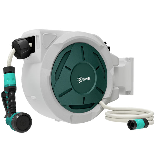 Photo of Outsunny Retractable Hose Reel Wall Mounted, 30+2m Garden Hose Pipe Reel with Lock, Auto Rewind, 7 in 1 Spray Nozzle, Includes Wall Fixings, 180° Swivel, Outdoor Watering, 59 x 23 x 42 cm, Grey in Grey colour on a white background