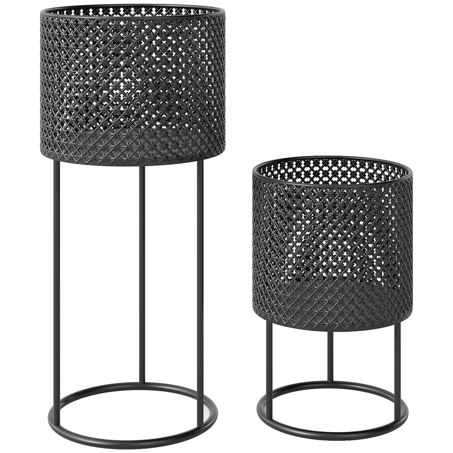 Photo of Outsunny Metal Plant Pots Set of 2 with Hollow Design Flower Planters for Garden Balcony Black in Black colour on a white background