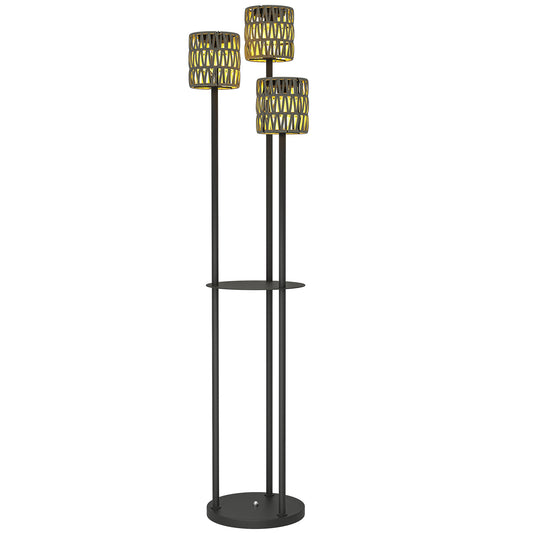 Photo of Outsunny Boho Rattan Floor Lamp, 3-Lights Rattan Lamp with Shelf, Freestanding Solar Garden Light with Auto On/Off Lights, Grey in Grey colour on a white background
