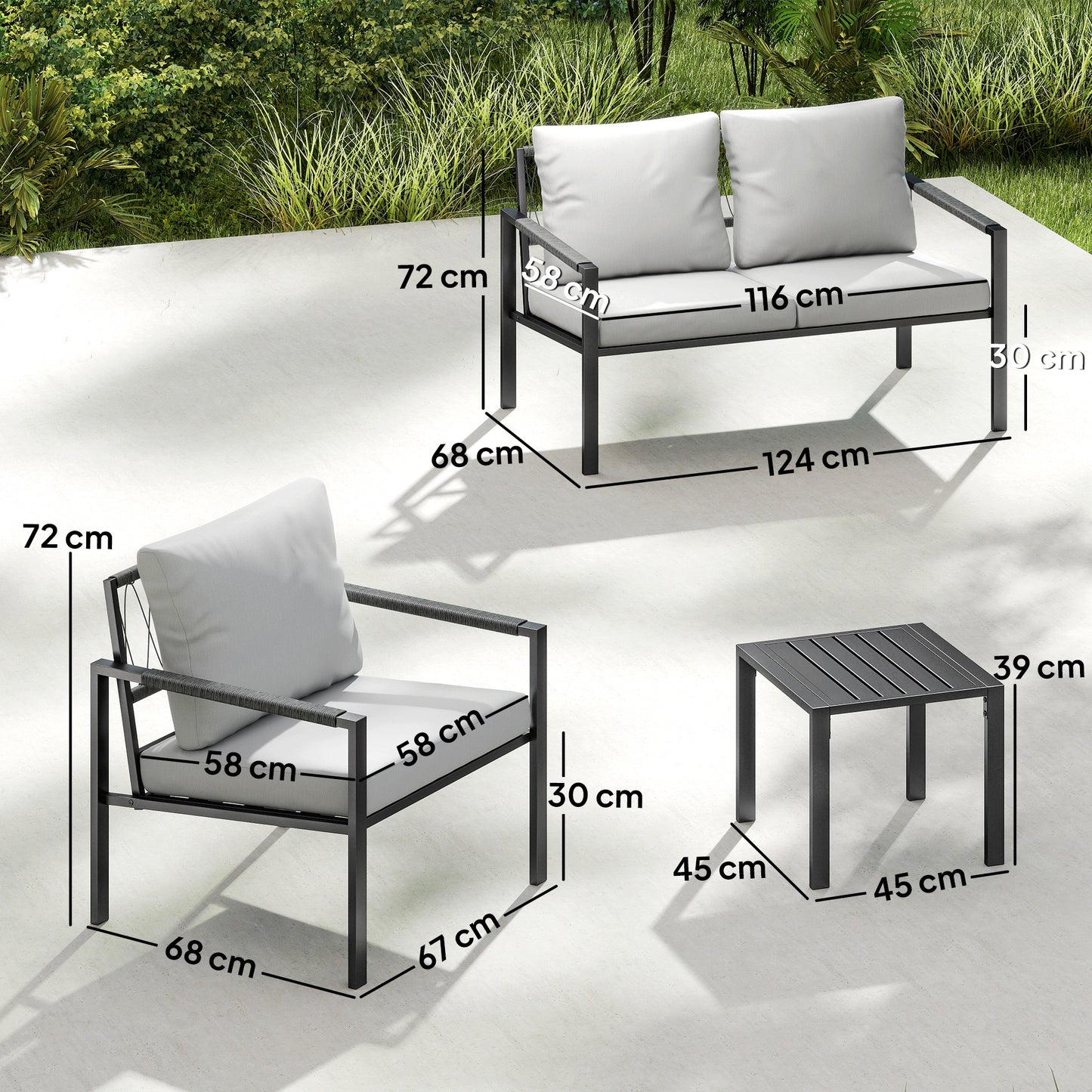 Outsunny 5 Piece Metal Garden Furniture Sofa Set with Thickened Cushions, Loveseat, 2 Armchairs, 2 Coffee Tables, Light Grey