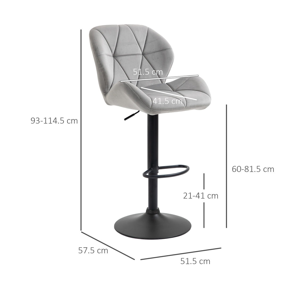 Light gray adjustable velvet-touch bar stool with tufted seat, footrest and round metal base, dimensions shown