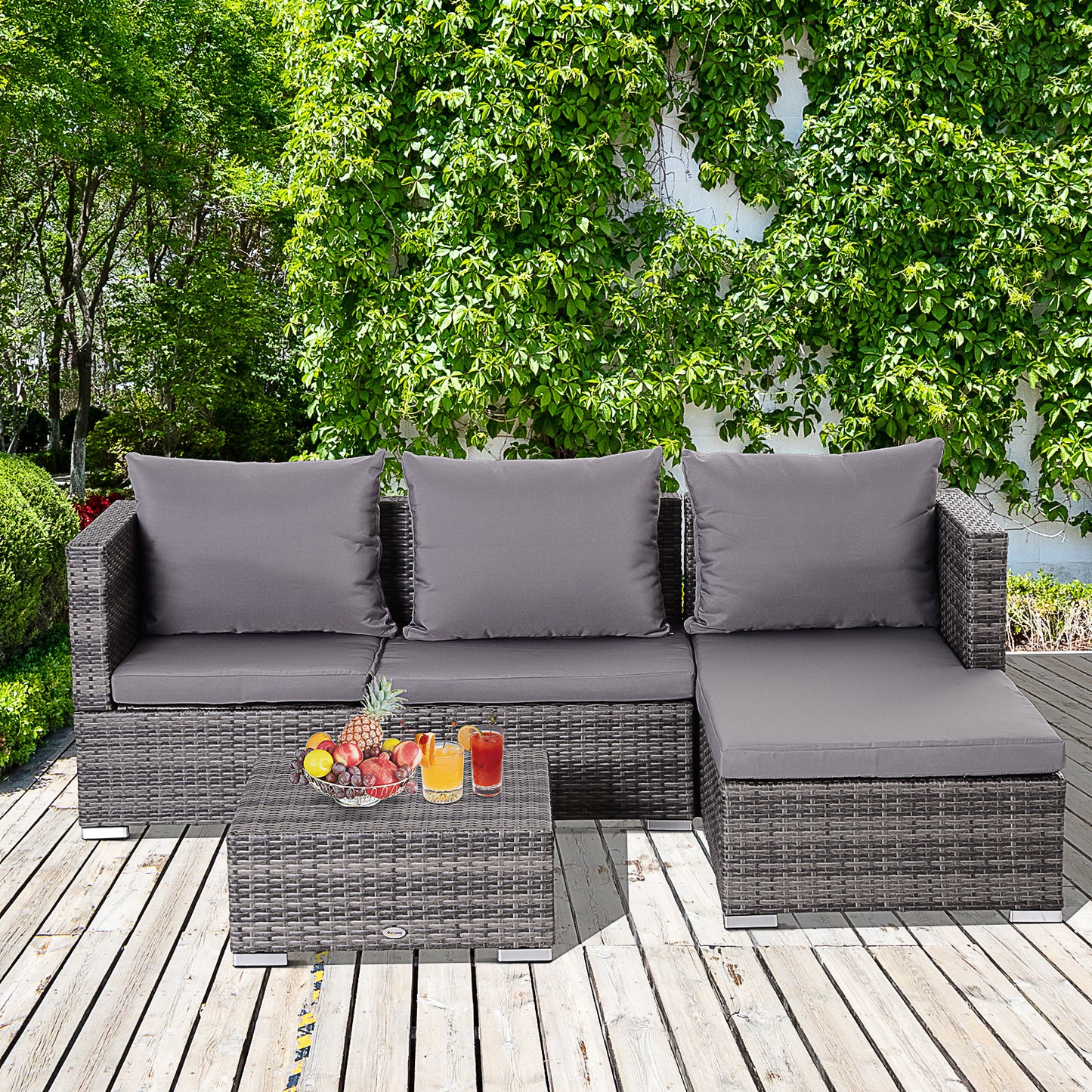 Outsunny 3PC Rattan Garden Furniture Storage Sofa Set, 4 Seater Wicker Coffee Table Conservatory Sun Lounger Reclining Set with Cushion, Grey
