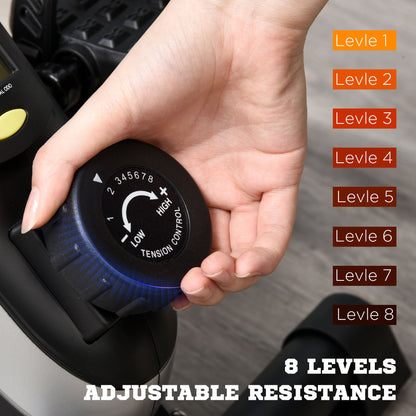 HOMCOM exercise bike resistance dial being adjusted, showing eight resistance levels