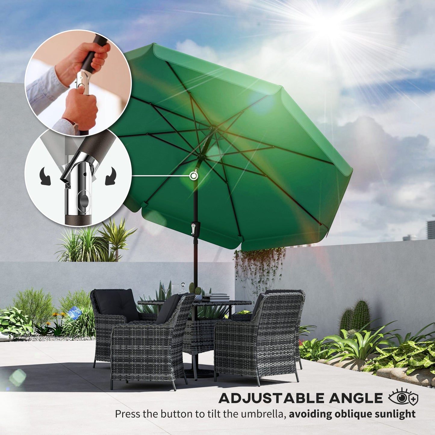 Outsunny 3 m Garden Parasol with Tilt Mechanism & Crank Handle, UPF 30+ Patio Umbrella Outdoor Table Umbrella, Green