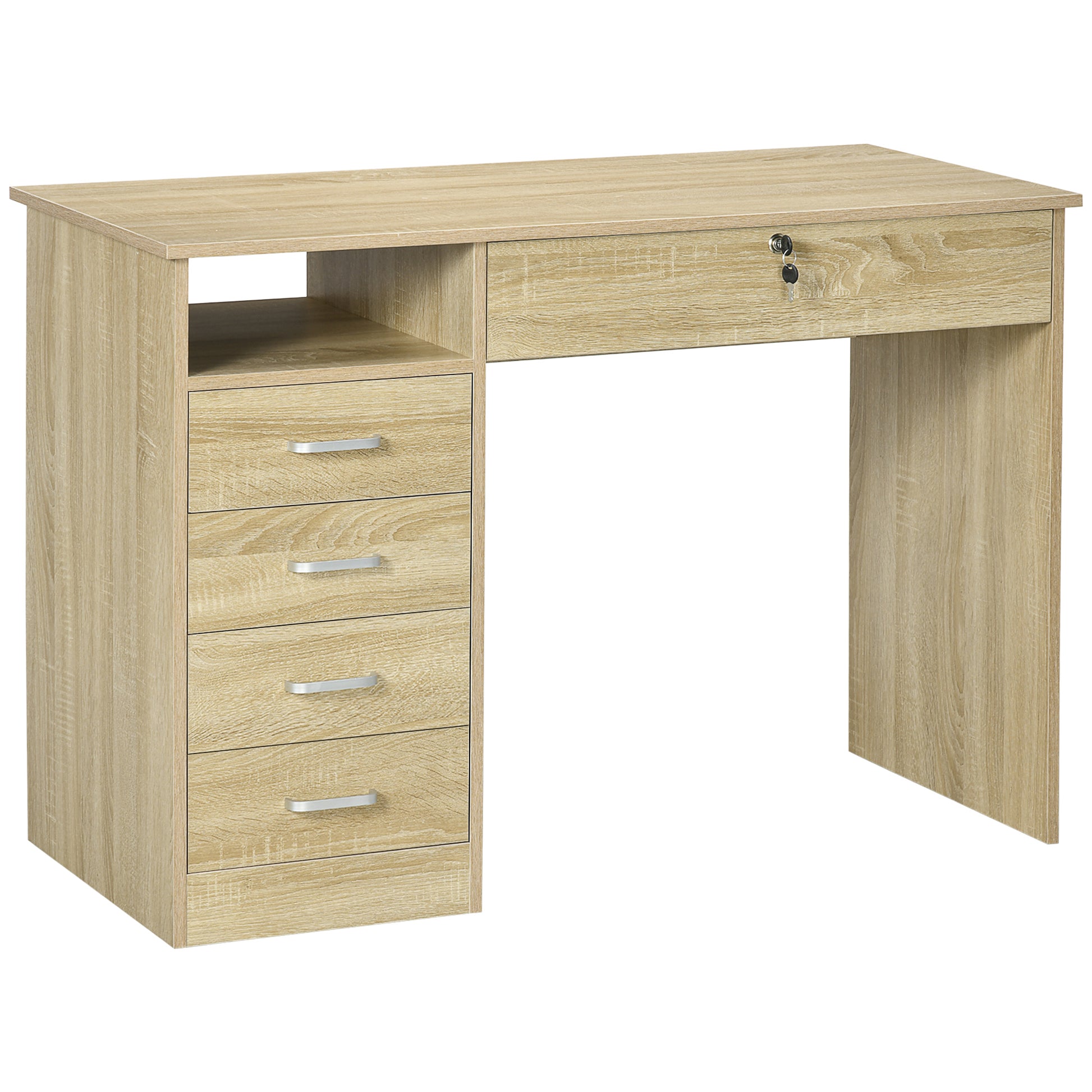 Photo of HOMCOM Computer Desk with 5 Drawers, Home Office Desk with Lockable Drawer and Storage Shelf, Study Table for Bedroom, 110 x 50 x 76 cm, Oak in Oak colour on a white background