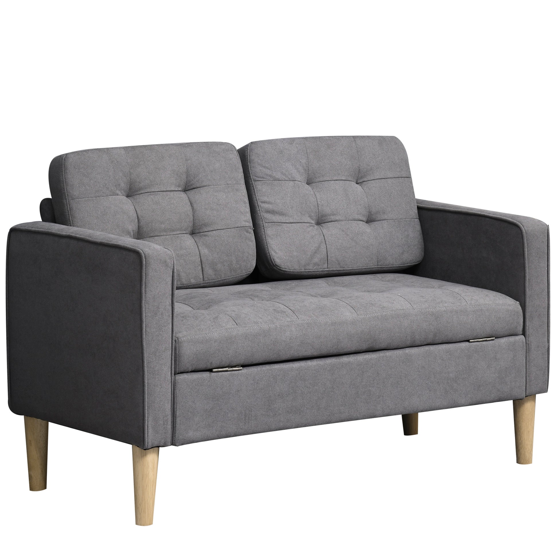 Photo of HOMCOM 2 Seater Storage Sofa, Fabric Couch with Hidden Under Seat Storage, Thick Cushions, Compact Space Saving Settee with Rubberwood Legs for Living Room, Apartment, Grey in Grey colour on a white background