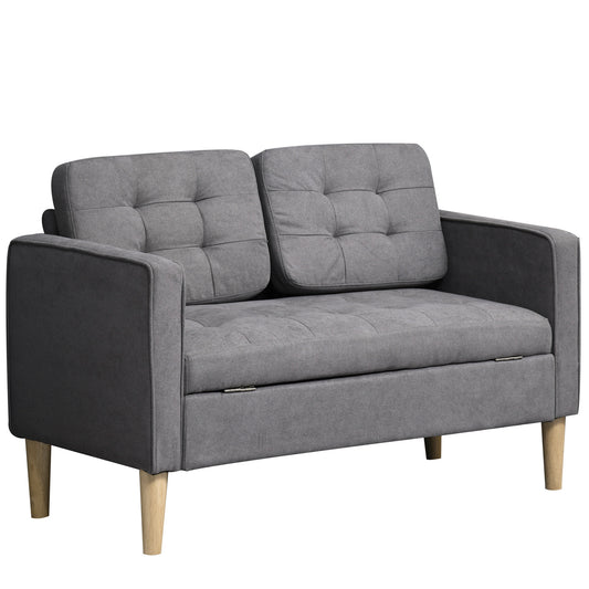 Photo of HOMCOM 2 Seater Storage Sofa, Fabric Couch with Hidden Under Seat Storage, Thick Cushions, Compact Space Saving Settee with Rubberwood Legs for Living Room, Apartment, Grey in Grey colour on a white background