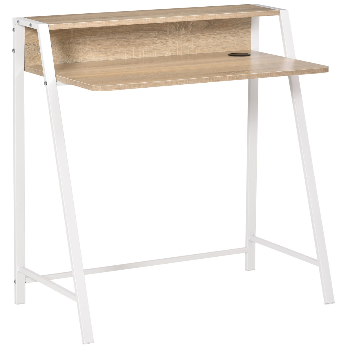 Two-tier desk with oak-look shelves, white metal frame and cable hole