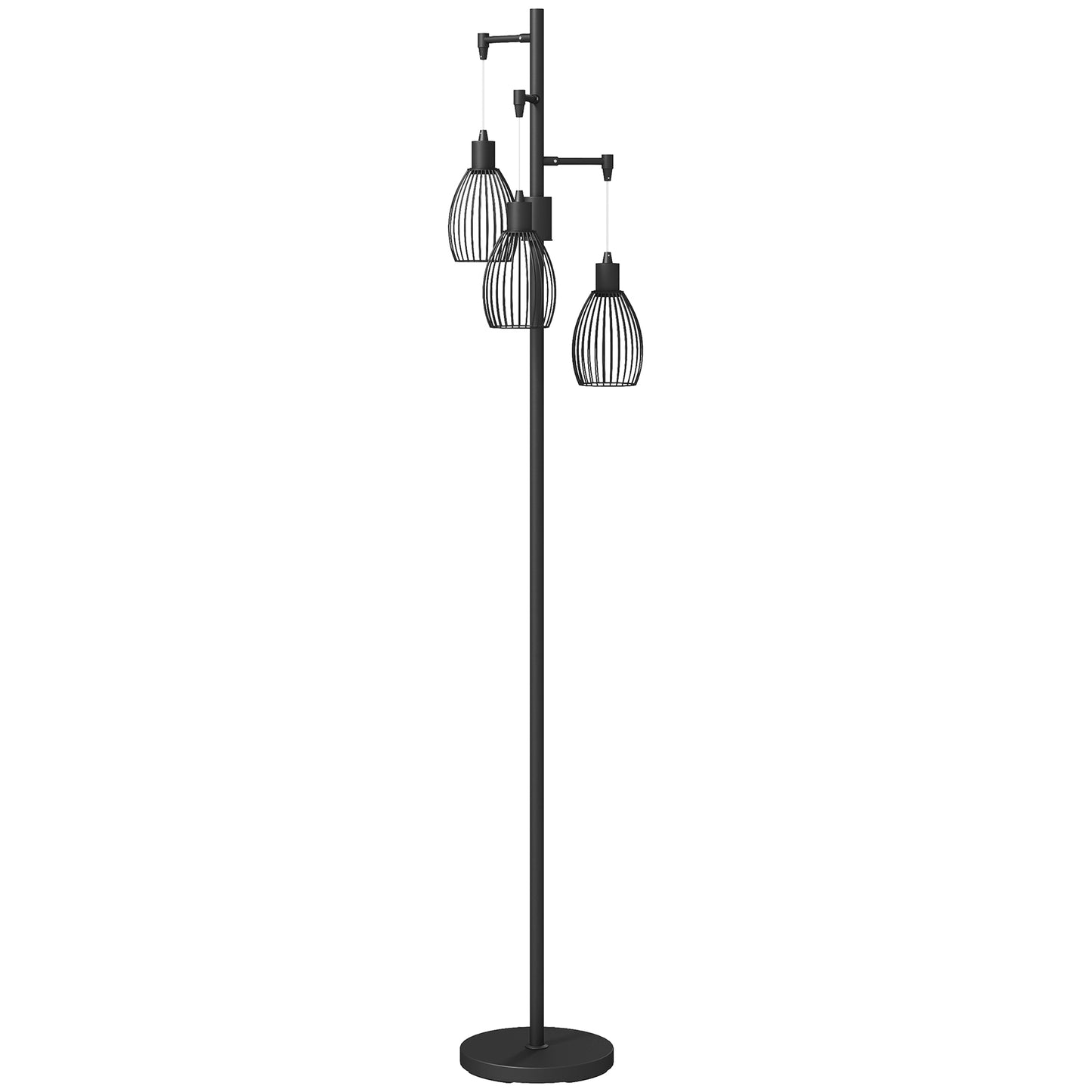 Photo of HOMCOM 3-Light LED Floor Lamp, 170cm Industrial Dimmable Standing Lamp with Steel Wire Cage Lampshades, 2700K for Living Room, Bedroom, Dining Room, Study, Black in Black colour on a white background
