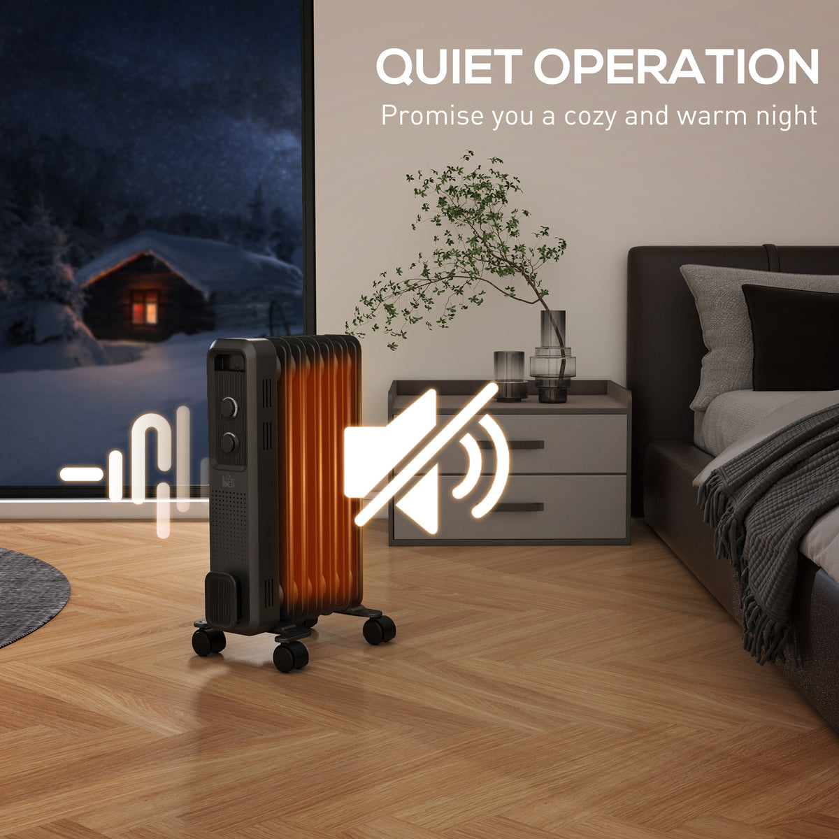 HOMCOM oil-filled radiator with glowing fins and caster wheels