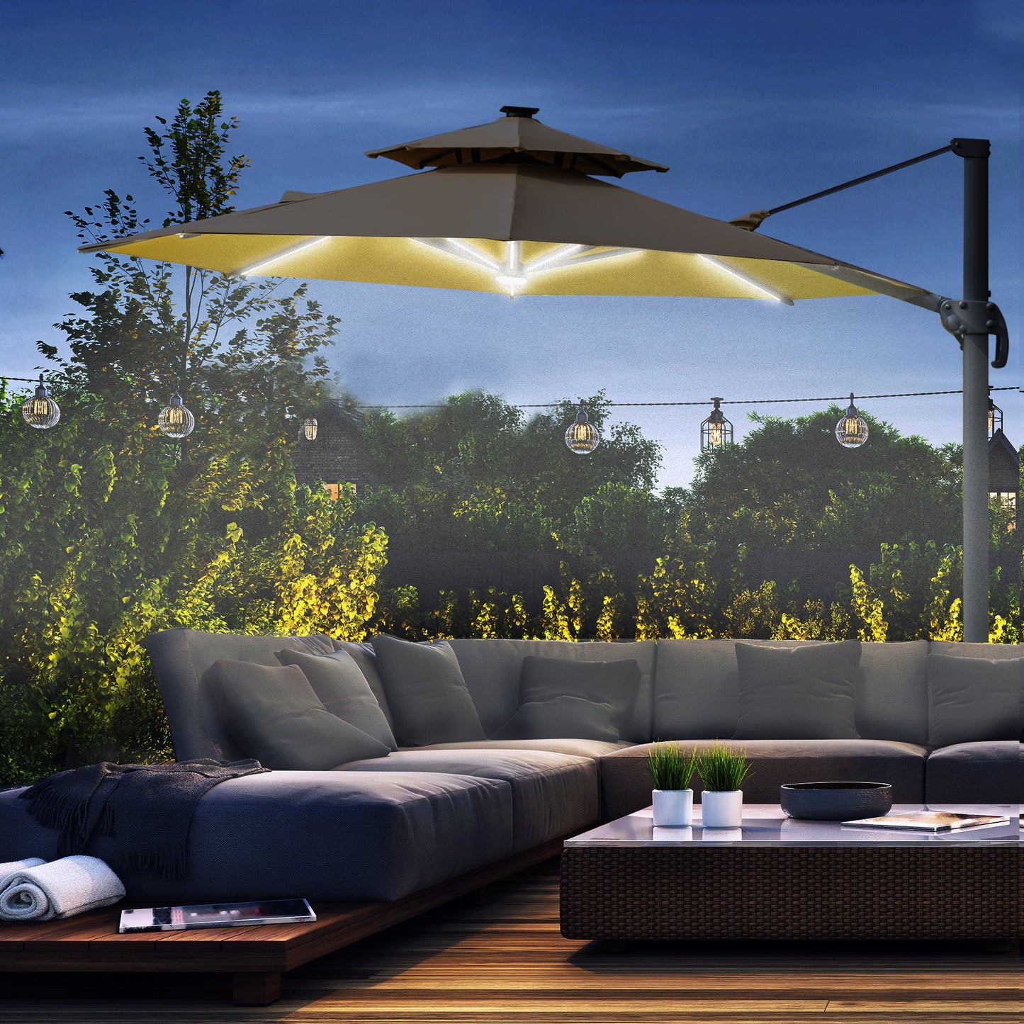 Outsunny 3m Cantilever Parasol with Solar Lights, Power Bank Base 360° Spin, Khaki