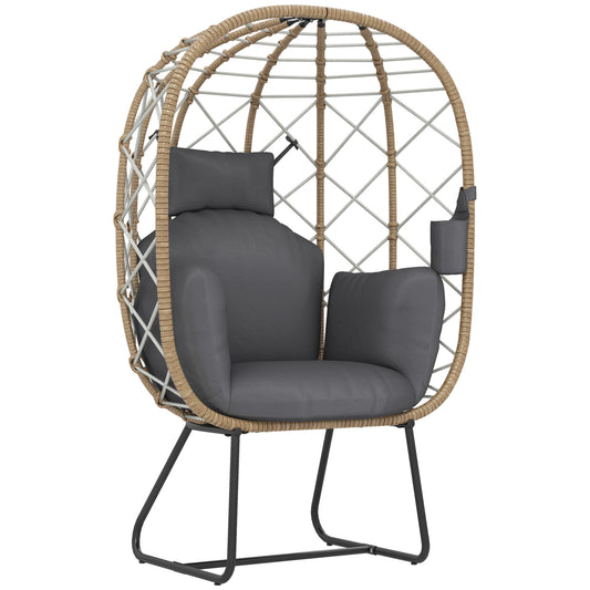 Photo of Outsunny Rattan Egg Chair Outdoor Indoor Wicker Chair with Thickened Cushion and Headrest, Standing Garden Egg Chair with Cup Holder, Metal Frame for Patio, Balcony, Brown in Brown colour on a white background