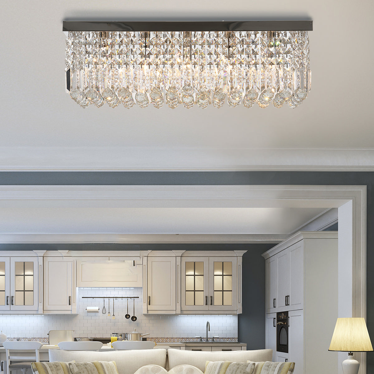 HOMCOM Modern Crystal Ceiling Light Square Crystal Chandelier for Living Room, Dining Room, Hall, 5 x E14 Lamp Holders, Silver, 80 x 25 x 23cm
