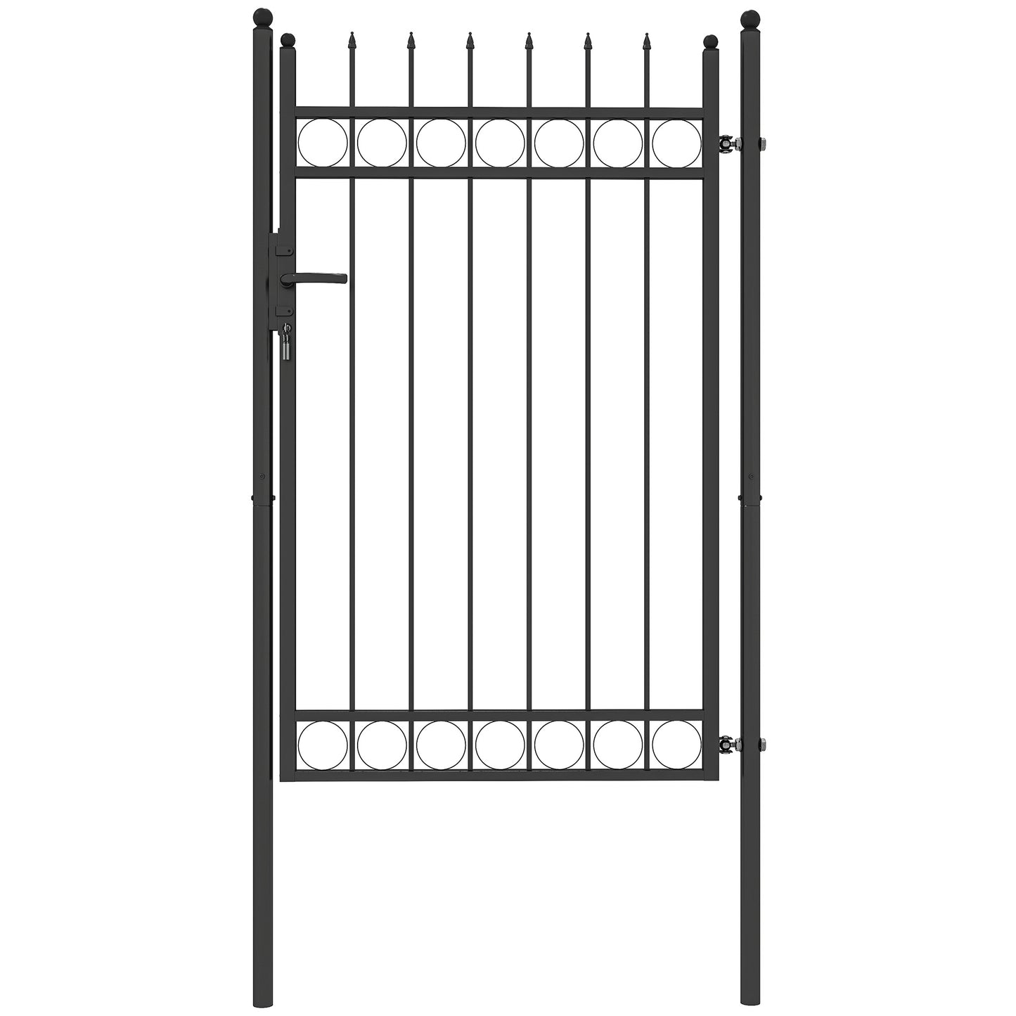 Photo of Outsunny Galvanised Steel Garden Gate, Outdoor Fence Gate Security Barrier with Lock, Keys and Handle, Outdoor Entrance Way Door with Classic Finials, 105 x 204 cm, Black in Black colour on a white background