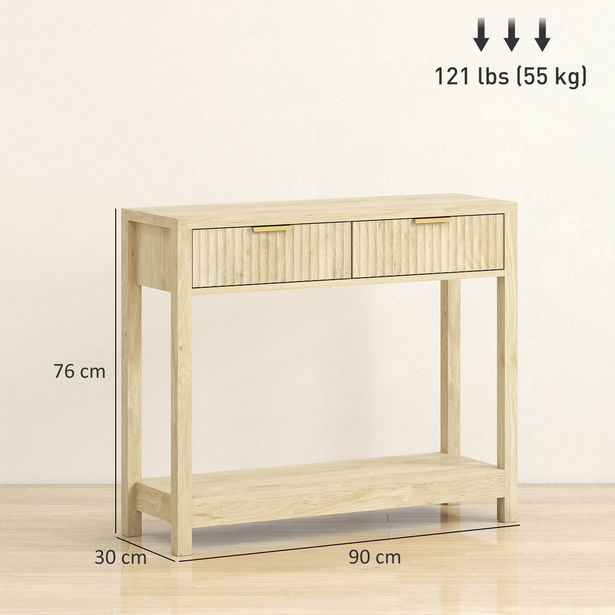HOMCOM Modern Console Table with Fluted Panel Drawers, Narrow Hallway Table with Shelf for Entryway, Living Room, 90 x 30 x 76 cm, Natural Wood Finish