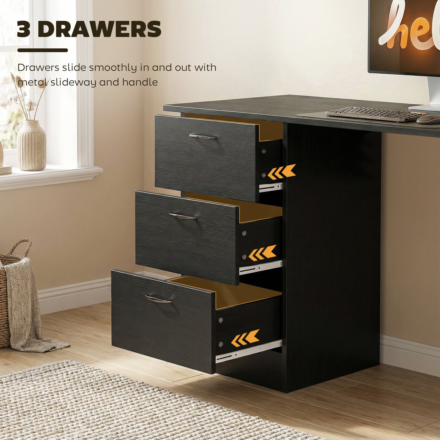 HOMCOM Computer Desk, Writing Table, PC Workstation with 3 Storage Shelves and Drawers, Handle, for Home Office, Black