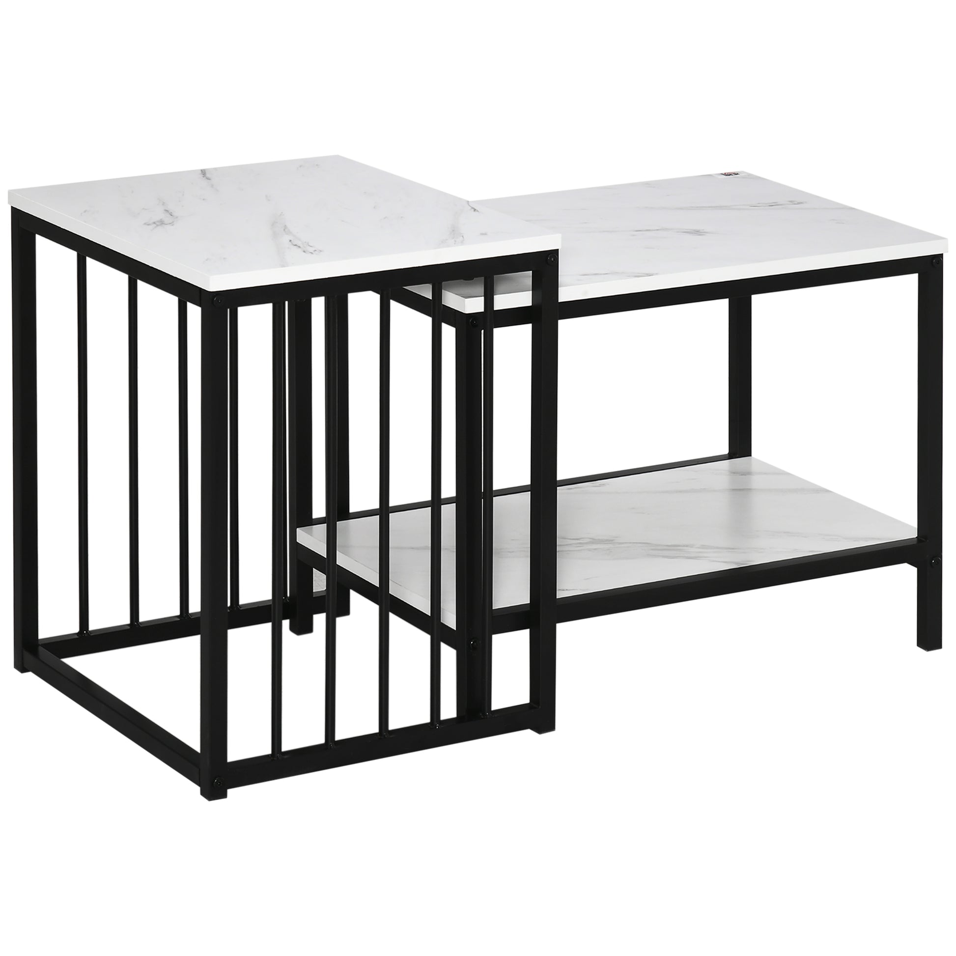 Photo of HOMCOM Modern Coffee Table Set of Two, Marble-Effect Nesting Side Tables with Steel Frame for Living Room, White, Black in Black colour on a white background
