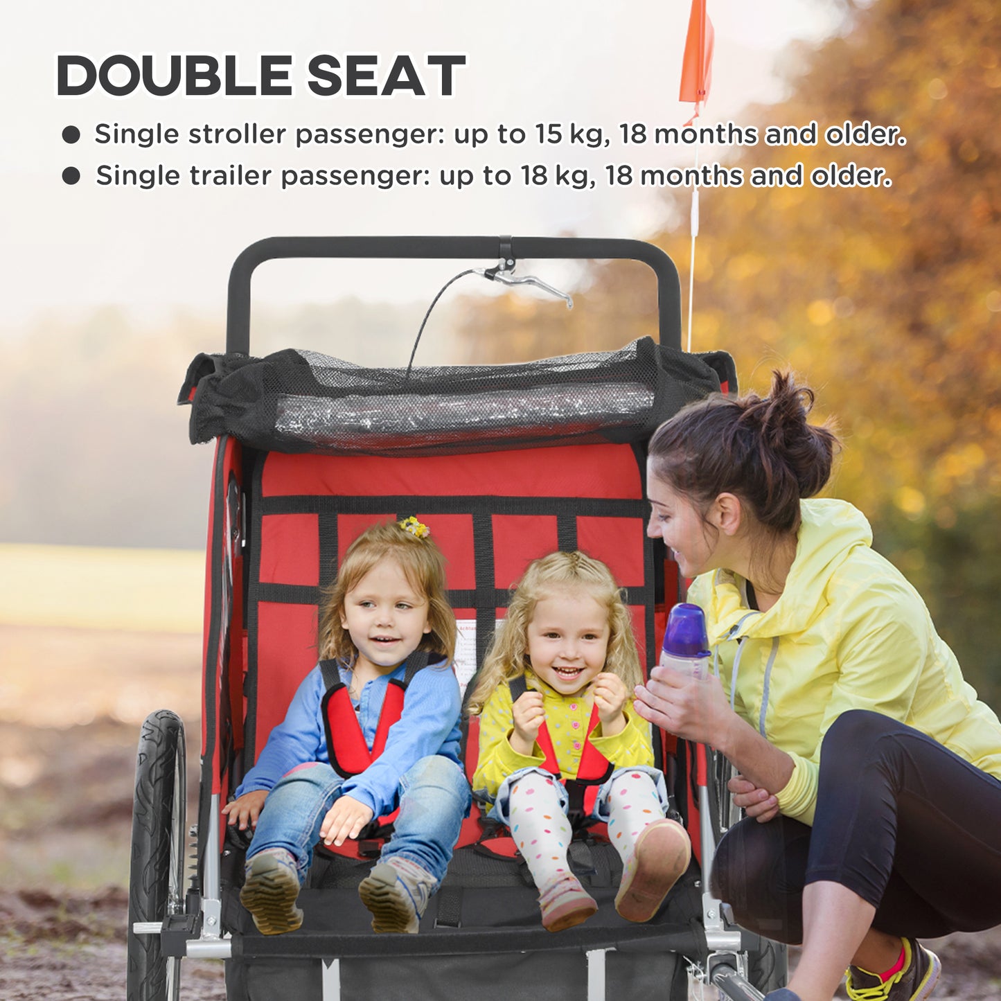 HOMCOM 2 Seat Bike Trailer with 5 Point Harness, Baby Bike Stroller with Safety Flag, Reflectors, for 18+ Months, Red