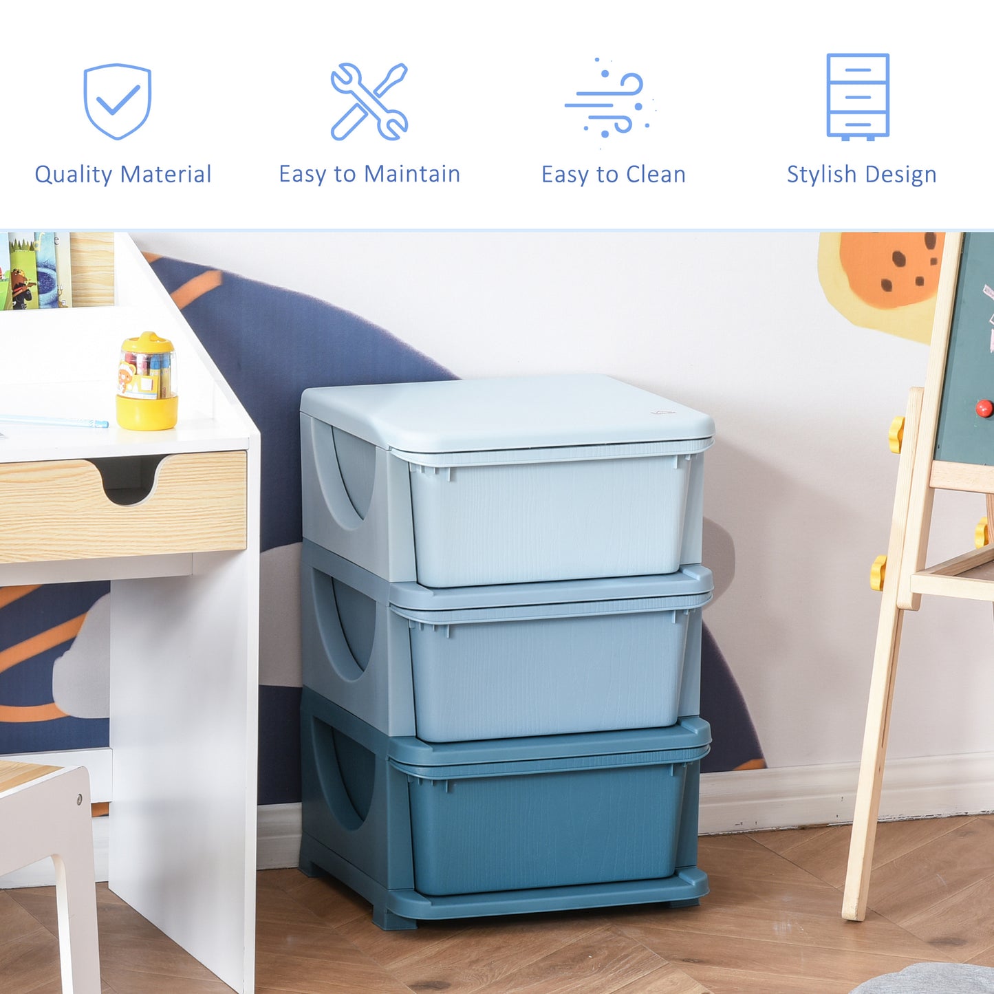 HOMCOM 3 Drawers Plastic Storage Units, 3 Tier Kids Storage Units, Children Toy Chest for Nursery, Playroom, Bedroom, Blue