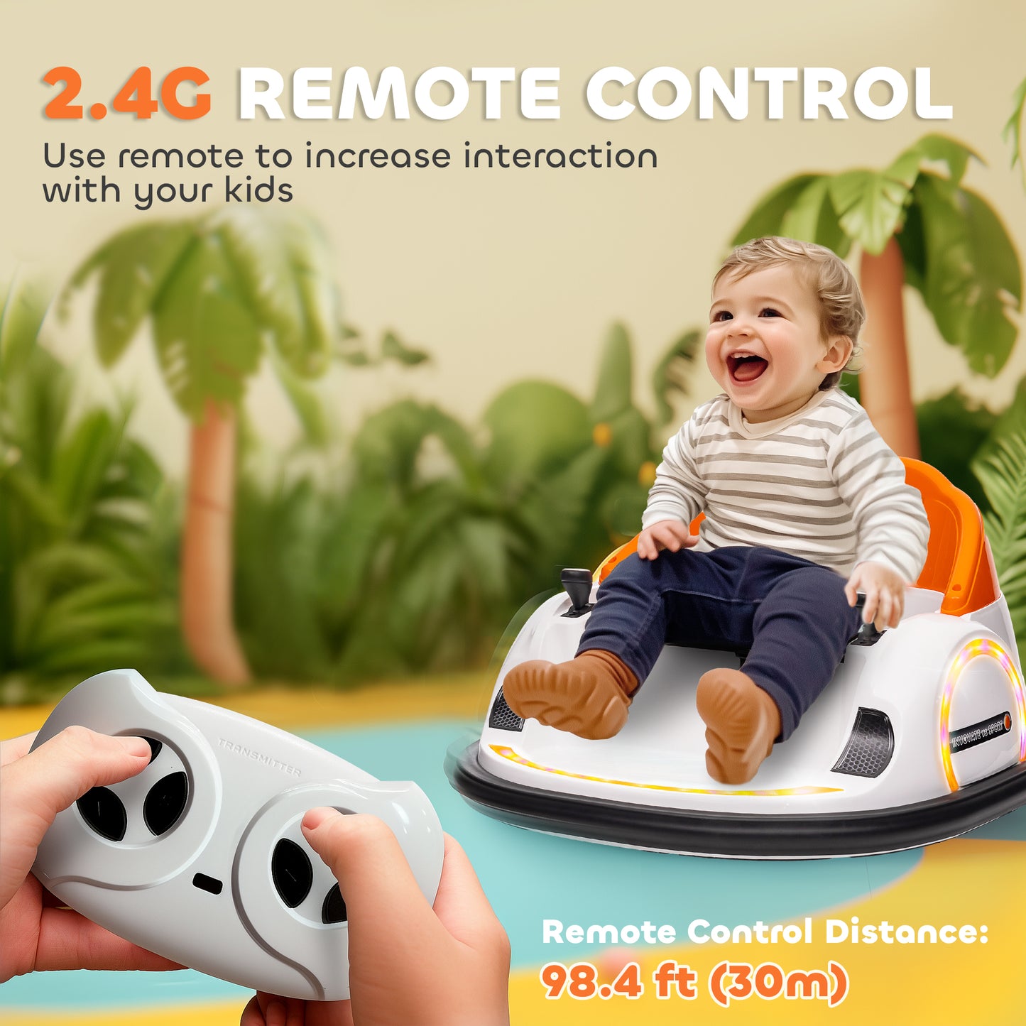 AIYAPLAY 360° Rotation Kids Bumper Car, 12V Waltzer Car with Remote Control, Dual Joysticks, Music Lights, Orange
