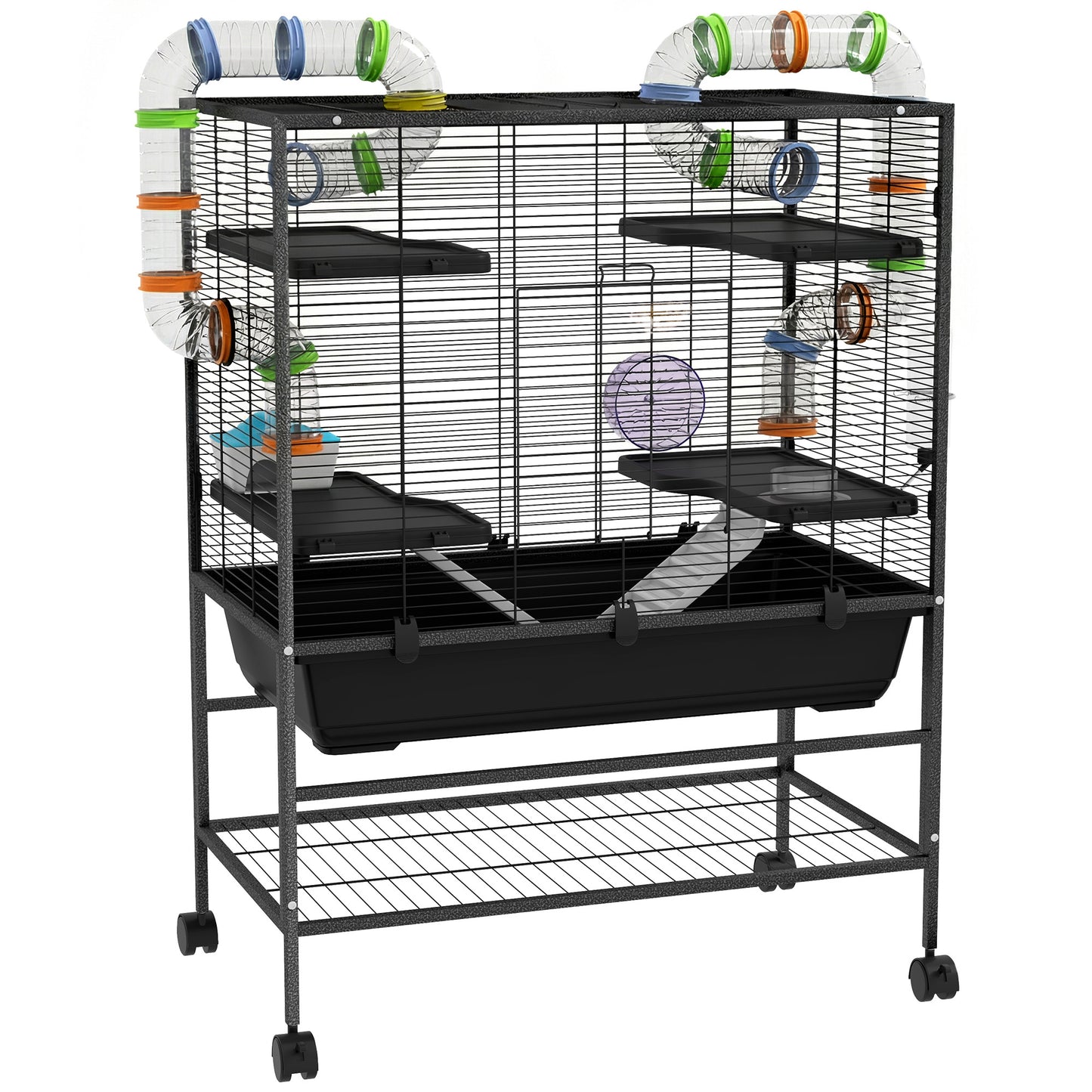 Photo of PawHut Large Hamster Cage, Gerbil Cage with Tubes, Storage Shelf, Ramps, Platforms, Running Wheel - Black in Black colour on a white background