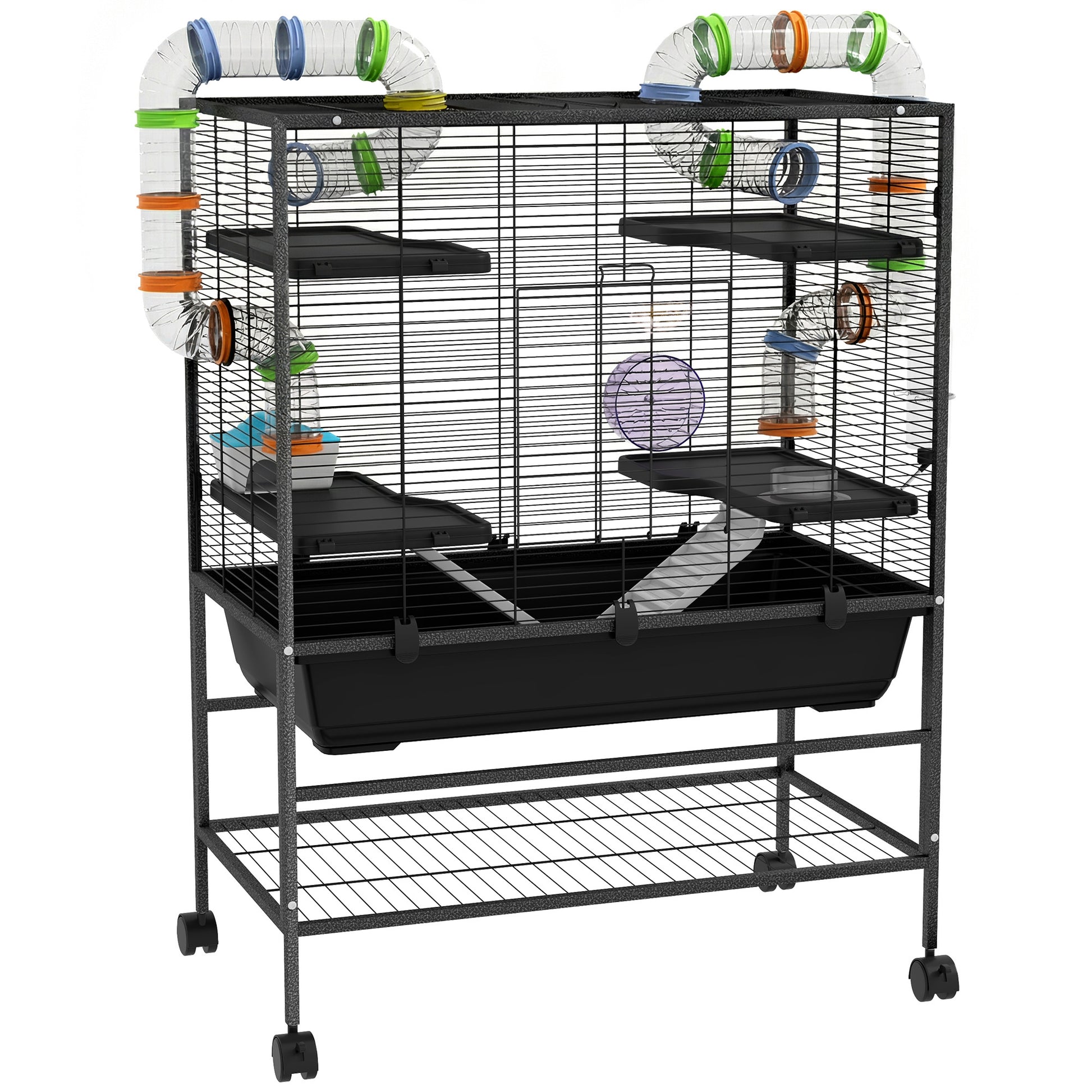 Photo of PawHut Large Hamster Cage, Gerbil Cage with Tubes, Storage Shelf, Ramps, Platforms, Running Wheel - Black in Black colour on a white background
