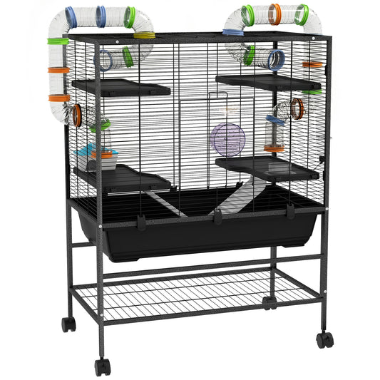 Photo of PawHut Large Hamster Cage, Gerbil Cage with Tubes, Storage Shelf, Ramps, Platforms, Running Wheel - Black in Black colour on a white background