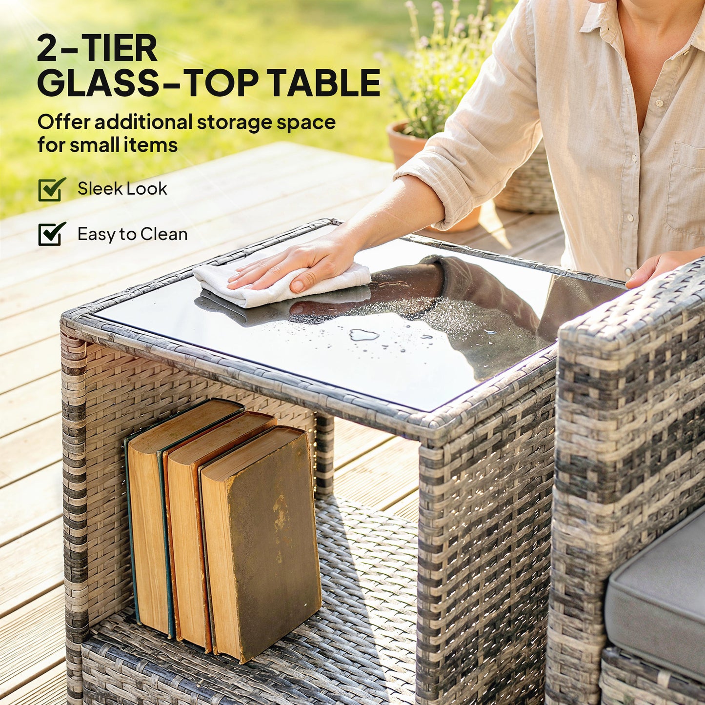 Outsunny Rattan Bistro Set, 3 Piece Garden Furniture Set with 2 Tier Glass Top Table and Cushions, Mixed Grey