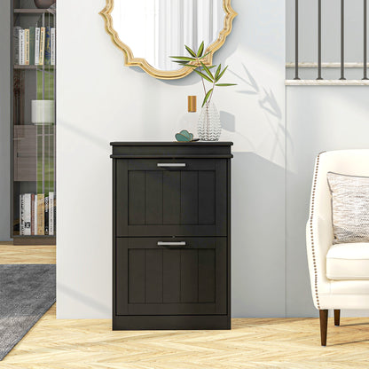 Black two-drawer shoe cabinet shown closed from the front.