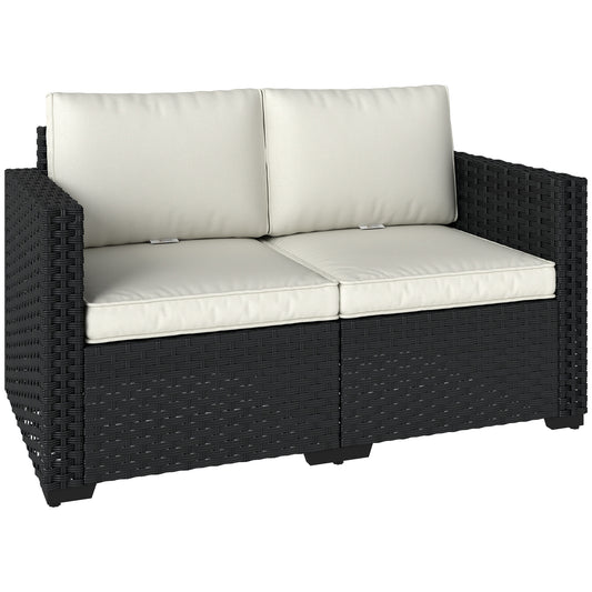 Photo of Outsunny 2 Seater Rattan Sofa, Outdoor Garden Sofa with Deep Seat, Cushions, Wide Armrests for Patio, Balcony, Porch, Black in Black colour on a white background