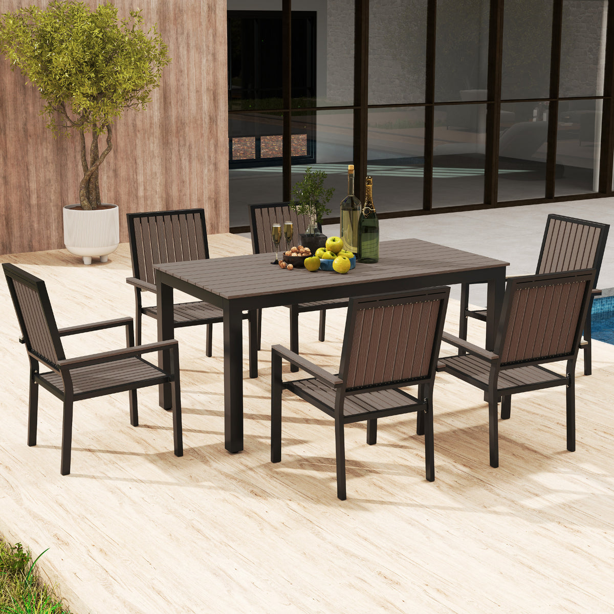 Outsunny brown patio dining set with six slatted chairs and rectangular table