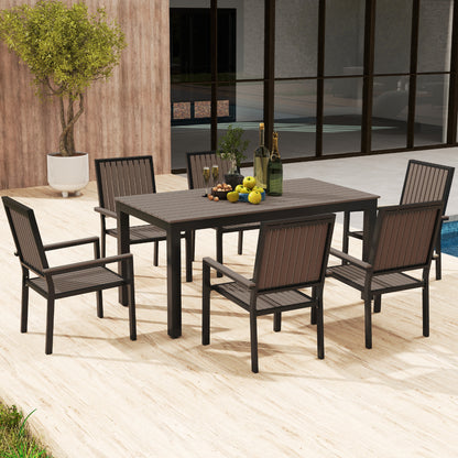 Outsunny brown patio dining set with six slatted chairs and rectangular table