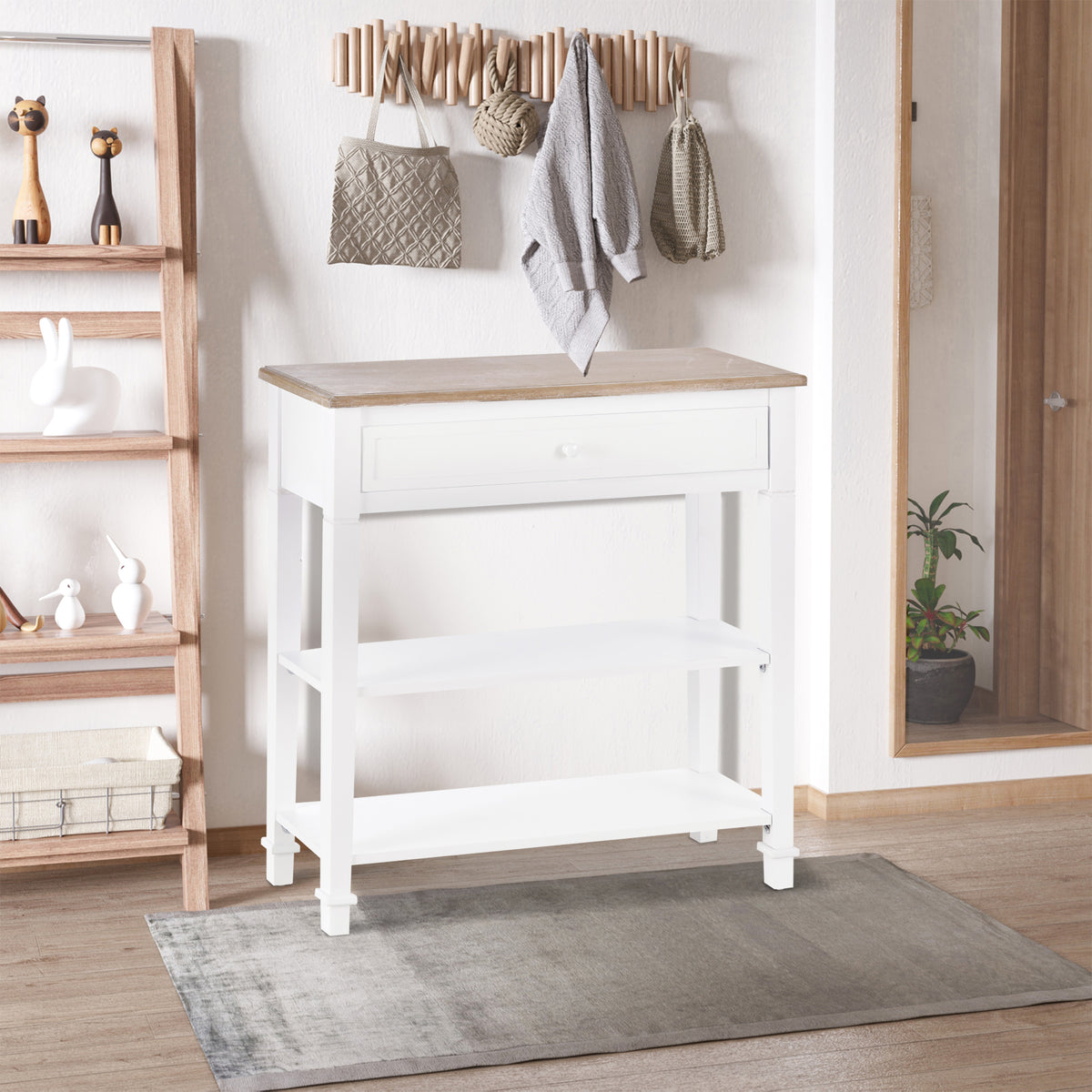 White console table with wood-look top, one drawer and two shelves in an entryway