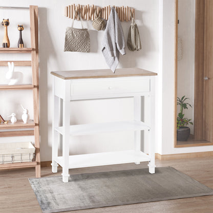 White console table with wood-look top, one drawer and two shelves in an entryway