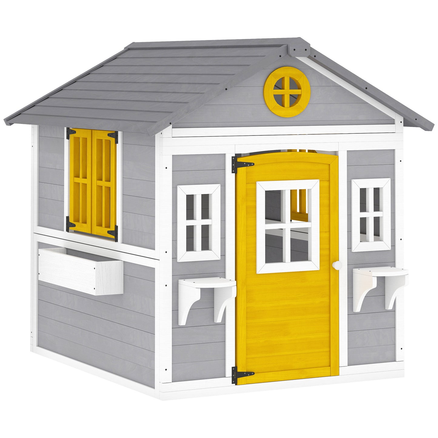 Photo of Outsunny Wooden Playhouse with Doors, Windows, Plant Pots, Boxes, for 3-8 Years - Grey in Grey colour on a white background