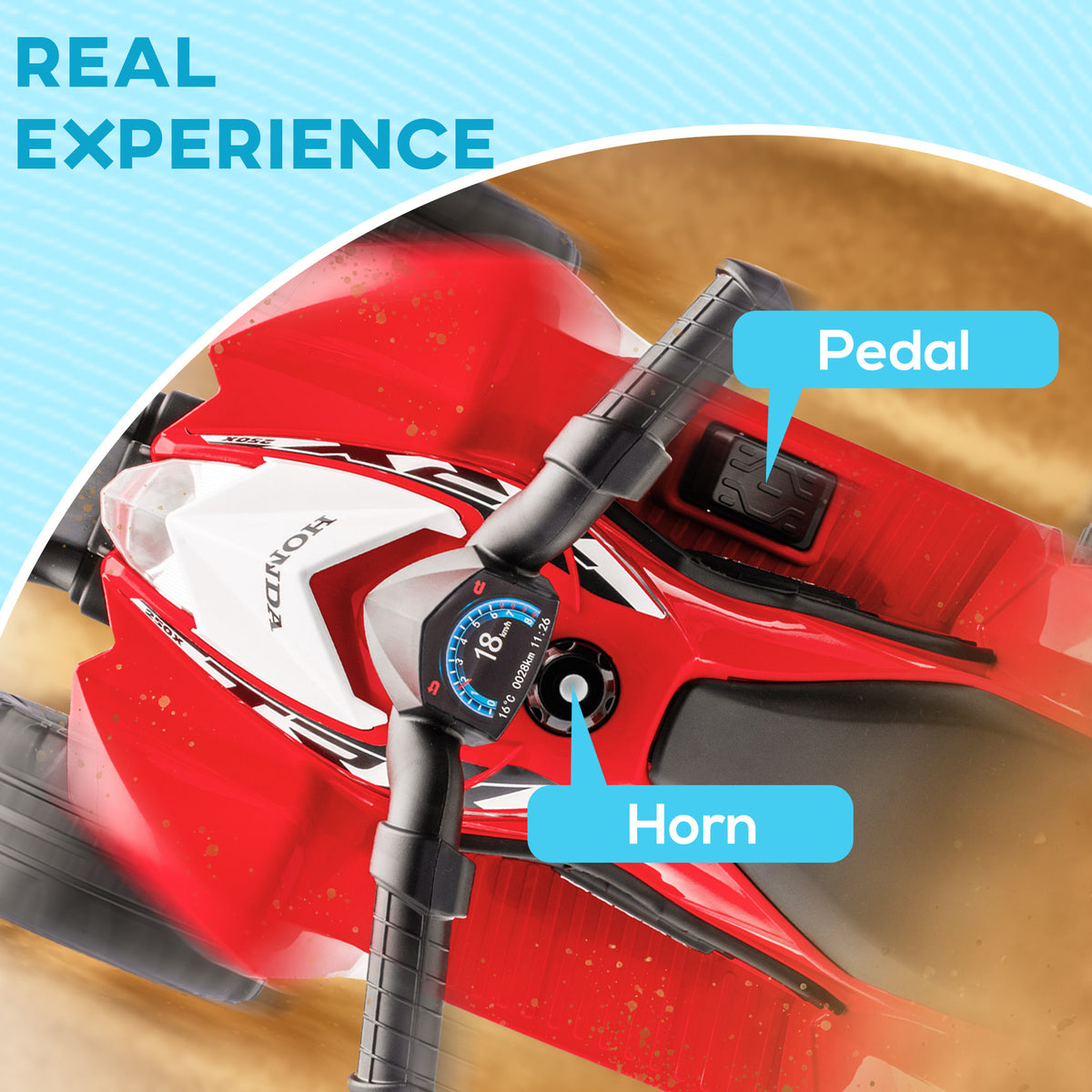 Red Honda kids' electric quad bike handlebar controls, including a pedal and horn