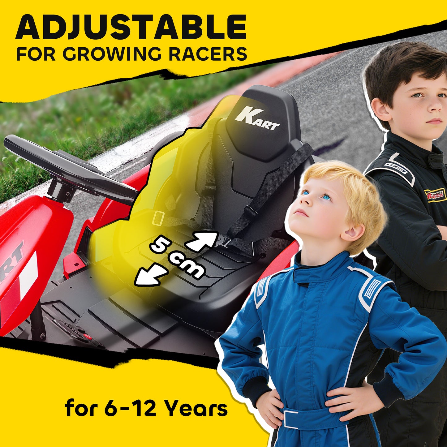 AIYAPLAY 24V Electric Go Kart, Drift Kart with Adjustable Seat, Slow Start, 5-Point Harness, Music, for 6-12 Years, Red