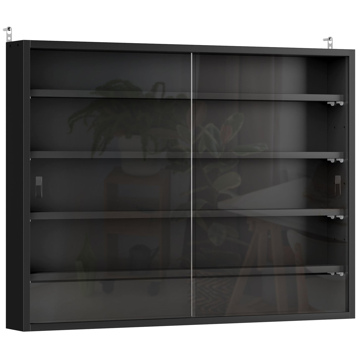 Photo of HOMCOM 5-Tier Wall Display Shelf Unit Cabinet w/ 4 Adjustable Shelves Glass Doors Home Office Ornaments 60x80cm Black in Black colour on a white background