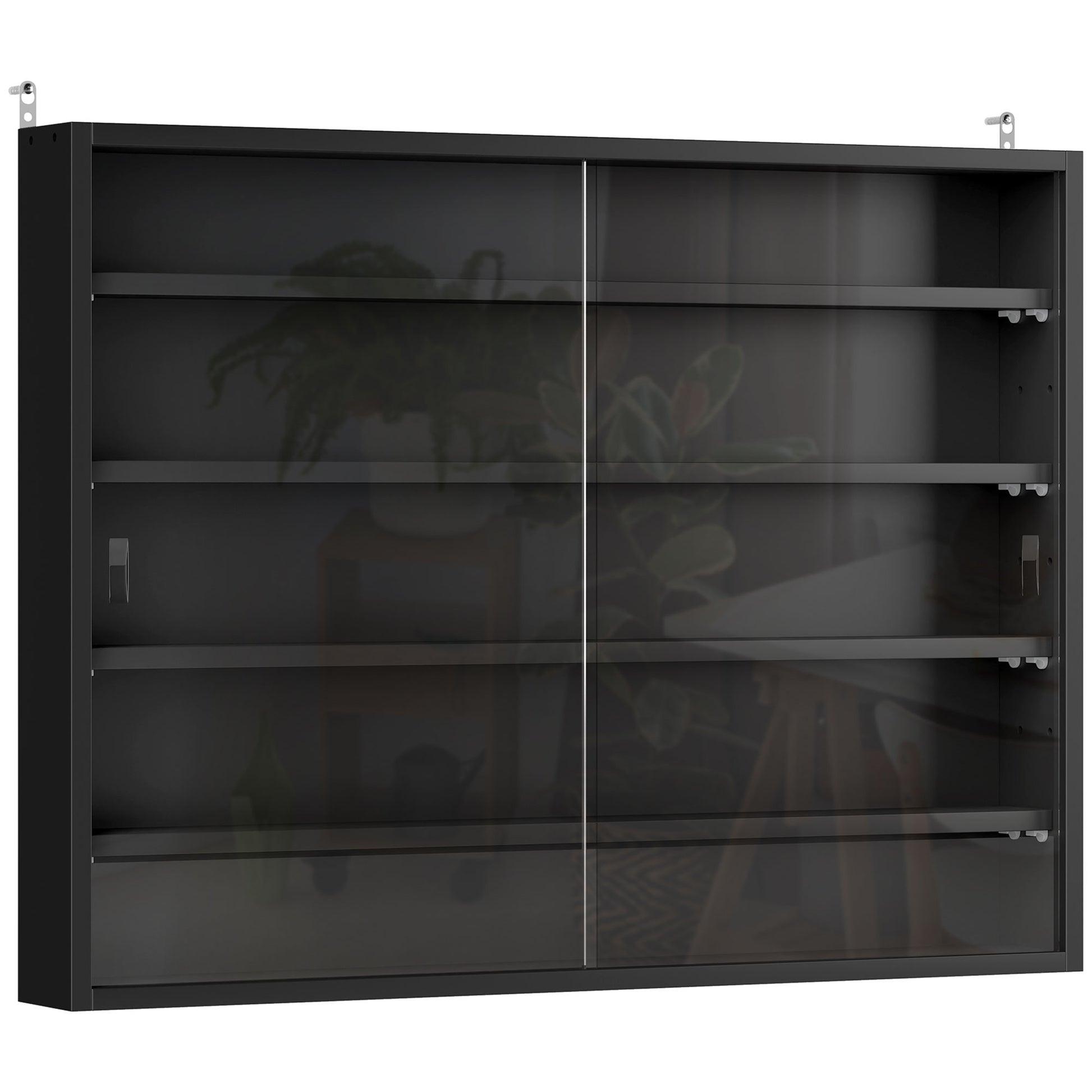 Photo of HOMCOM 5-Tier Wall Display Shelf Unit Cabinet w/ 4 Adjustable Shelves Glass Doors Home Office Ornaments 60x80cm Black in Black colour on a white background